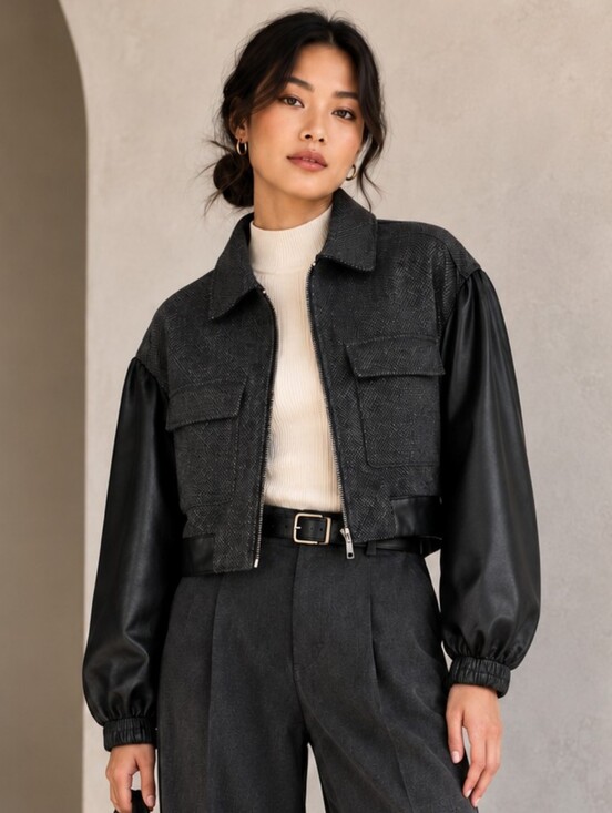 Promesa Jackets & Blazers - PROMESA CROPPED MOTO UTILITY JACKET FAUX LEATHER SLEEVES GRAY BLACK MEDIUM